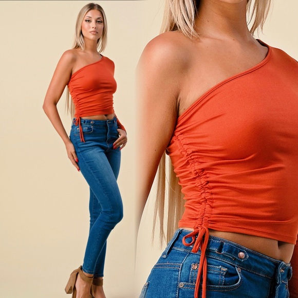 Heart & Hips One-Shoulder Rust Crop Top - Picture 6 of 10